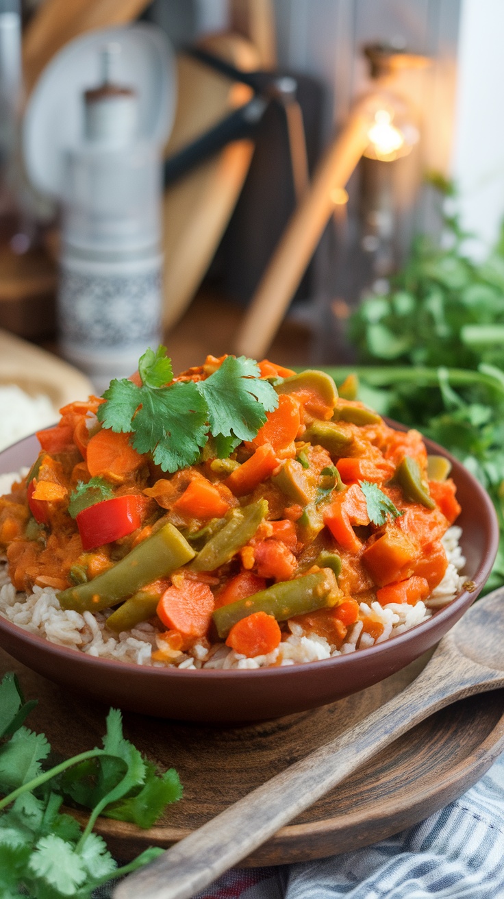 A colorful bowl of vegetable curry with carrots, bell peppers, and green beans in coconut sauce, served over rice with cilantro garnish.